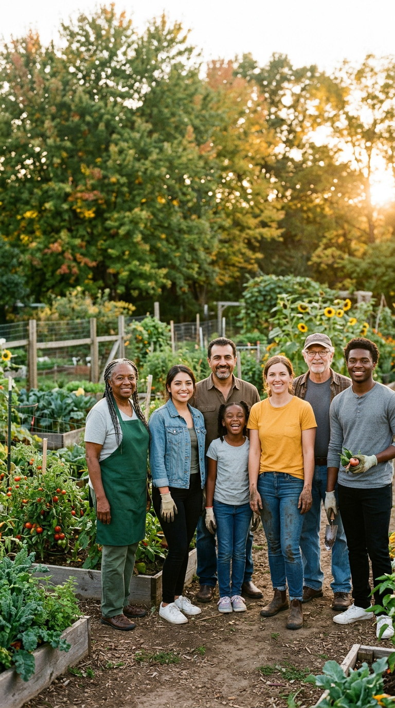 Neighbors and volunteers standing together outdoors